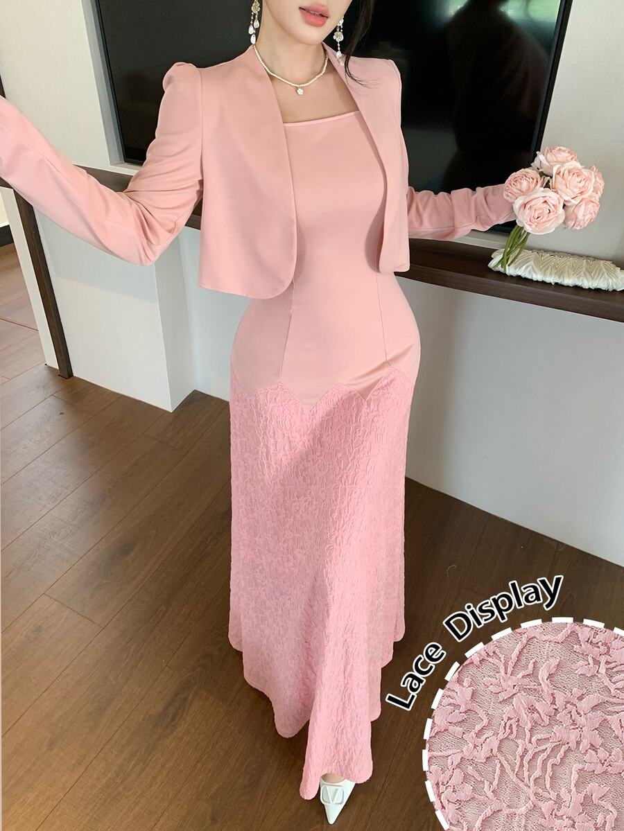 Modelyn 春秋冬季優雅時尚百搭純色收腰蕾絲喇叭裙通勤溫柔風女款兩件套