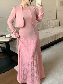 Modelyn 春秋冬季優雅時尚百搭純色收腰蕾絲喇叭裙通勤溫柔風女款兩件套 - 粉色 - 查看 8