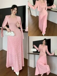 Modelyn 春秋冬季優雅時尚百搭純色收腰蕾絲喇叭裙通勤溫柔風女款兩件套 - 粉色 - 查看 5