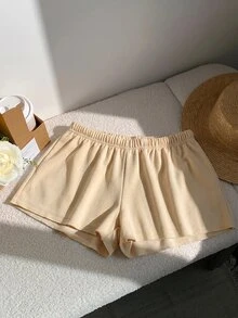 Comfortcana 女士纯色弹力腰抽绳休闲夏季短裤，杏色 - 杏色 - 查看 6