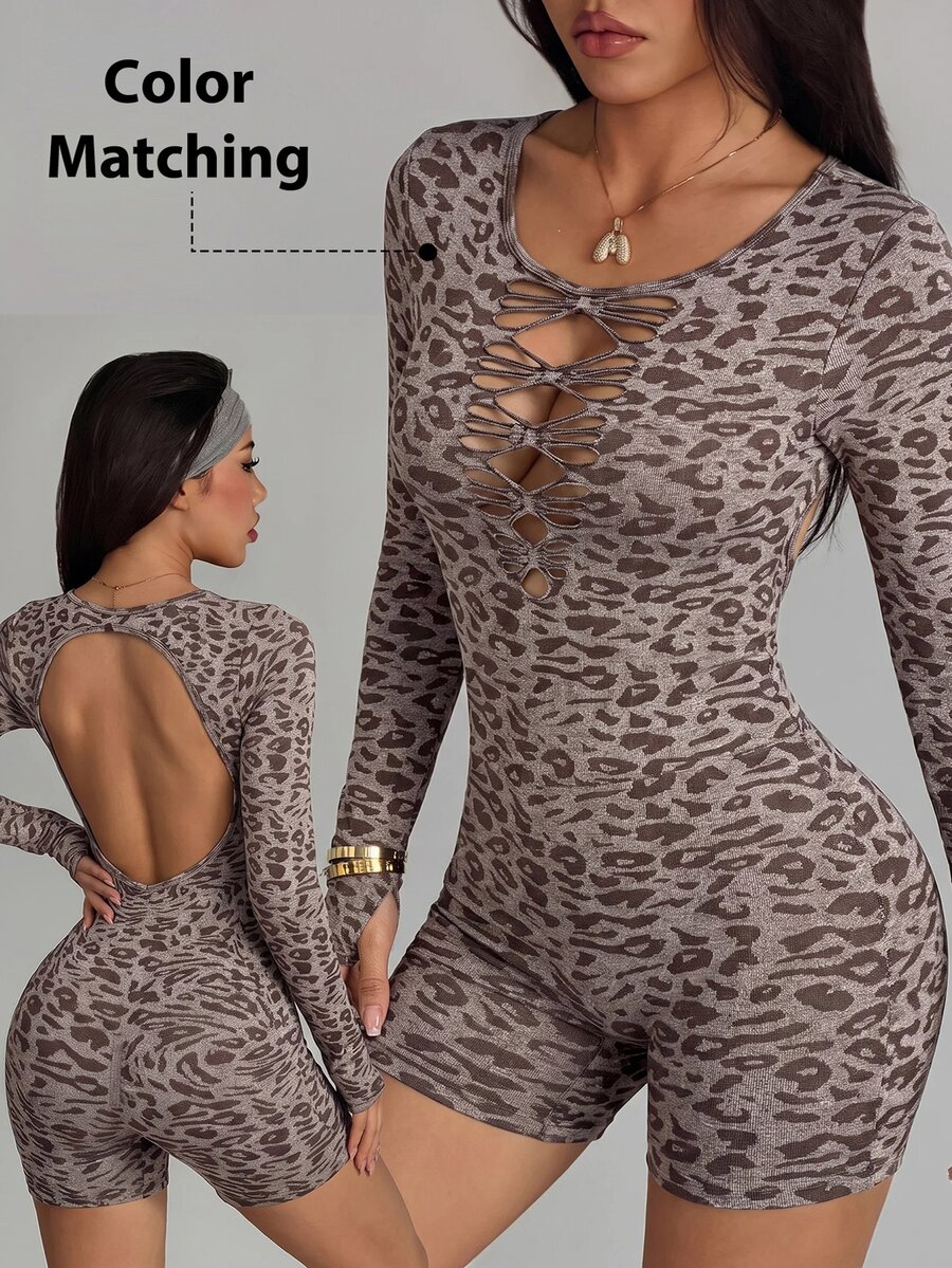 Slayform Women's Leopard Print Casual Daily Travel Sports Romper - Brown - View 1
