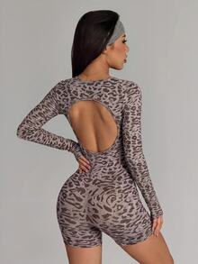 Slayform Women's Leopard Print Casual Daily Travel Sports Romper - Brown - View 2