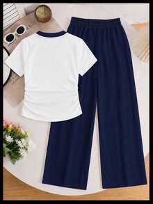 Teen Girl Knight Graphic Long Sleeve T-Shirt And Pants Casual Daily Outfit - White - View 2