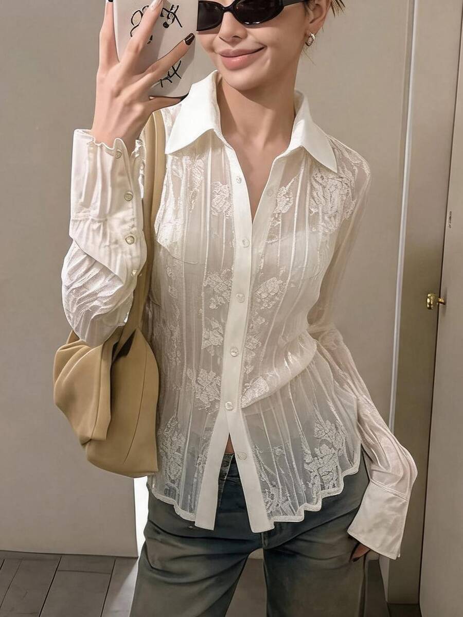 DAZY 女款優雅通勤素色提花襯衫 秋季 - 白色 - 查看 1