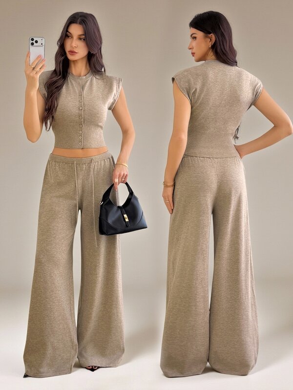 SHEIN Tall Solid Crop Sweater Vest & Wide Leg Knit Pants