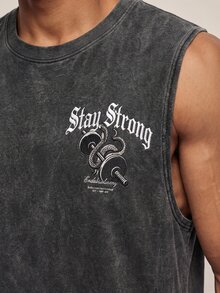 OTTIMOZO 男款 1件休閒字母與啞鈴印花圓領運動背心，夏季，健身房 - 深灰色 - 查看 6
