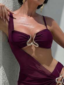 SHEIN Swim 3件套女士泳装比基尼套装，新款夏季黑色复古风无袖不对称网纱泳裙，奢华金属装饰性感沙滩罩衫性感泳装连衣裙性感度假连衣裙比基尼连衣裙 - 中紫紅色 - 查看 3