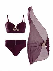 SHEIN Swim 3件套女士泳装比基尼套装，新款夏季黑色复古风无袖不对称网纱泳裙，奢华金属装饰性感沙滩罩衫性感泳装连衣裙性感度假连衣裙比基尼连衣裙 - 中紫紅色 - 查看 6
