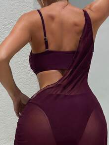 SHEIN Swim 3件套女士泳装比基尼套装，新款夏季黑色复古风无袖不对称网纱泳裙，奢华金属装饰性感沙滩罩衫性感泳装连衣裙性感度假连衣裙比基尼连衣裙 - 中紫紅色 - 查看 2
