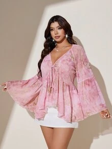 Viva Relle Plus Size French Romantic Tie Dye Print Chiffon Blouse, Loose V-Neck Flare Sleeve Design, Comfortable Shirt For Spring/Summer Outings Fall - Pink - View 4