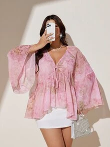 Viva Relle Plus Size French Romantic Tie Dye Print Chiffon Blouse, Loose V-Neck Flare Sleeve Design, Comfortable Shirt For Spring/Summer Outings Fall - Pink - View 6