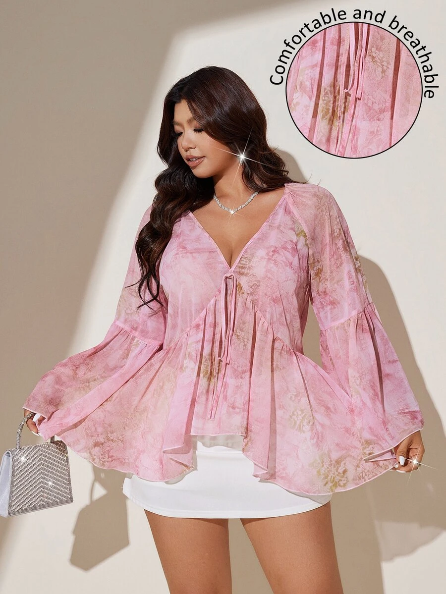 Viva Relle Plus Size French Romantic Tie Dye Print Chiffon Blouse, Loose V-Neck Flare Sleeve Design, Comfortable Shirt For Spring/Summer Outings Fall - Pink - View 1