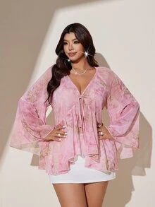 Viva Relle Plus Size French Romantic Tie Dye Print Chiffon Blouse, Loose V-Neck Flare Sleeve Design, Comfortable Shirt For Spring/Summer Outings Fall - Pink - View 3