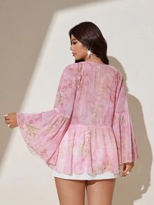 Viva Relle Plus Size French Romantic Tie Dye Print Chiffon Blouse, Loose V-Neck Flare Sleeve Design, Comfortable Shirt For Spring/Summer Outings Fall - Pink - View 2