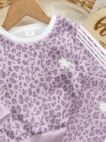 SHEIN 復古時尚豹紋拼色條紋少女休閒圓領長袖衛衣與修身長褲2件套，適合秋冬日常、外出、校園、運動、返校、開學季 - 彩色 - 查看 4