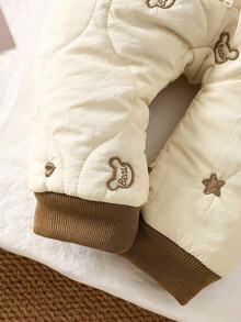 SHEIN Vintaside Kids 新生兒中性嬰兒冬季棕色與白色波點可愛保守設計心形&星星刺繡連帽長袖連身衣絨毛耳熊外套 - 杏色 - 查看 8