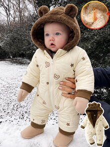 SHEIN Vintaside Kids 新生兒中性嬰兒冬季棕色與白色波點可愛保守設計心形&星星刺繡連帽長袖連身衣絨毛耳熊外套 - 杏色 - 查看 1