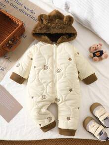 SHEIN Vintaside Kids 新生兒中性嬰兒冬季棕色與白色波點可愛保守設計心形&星星刺繡連帽長袖連身衣絨毛耳熊外套 - 杏色 - 查看 4