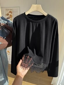 Comfortcana T-shirt en dentelle contrastée unie grande taille, noir, décontracté élégant, pour l'automne, formel, matin, anniversaire - Noir - Voir 8