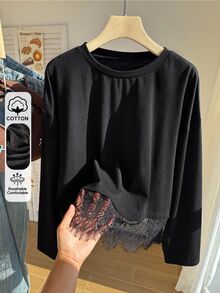 Comfortcana T-shirt en dentelle contrastée unie grande taille, noir, décontracté élégant, pour l'automne, formel, matin, anniversaire - Noir - Voir 7