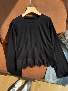 Comfortcana T-shirt en dentelle contrastée unie grande taille, noir, décontracté élégant, pour l'automne, formel, matin, anniversaire - Noir - Voir 5