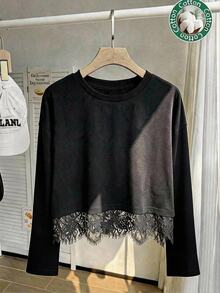 Comfortcana T-shirt en dentelle contrastée unie grande taille, noir, décontracté élégant, pour l'automne, formel, matin, anniversaire - Noir - Voir 1