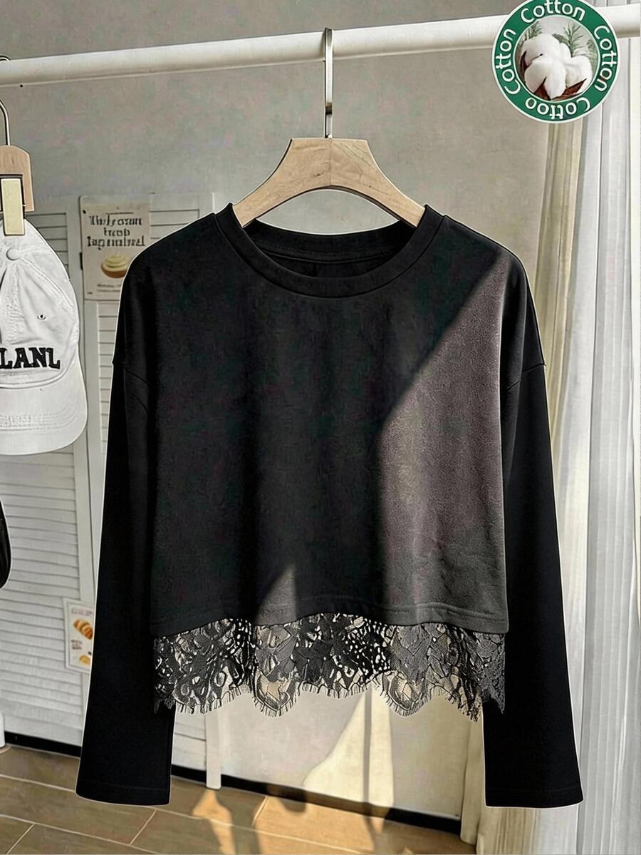 Comfortcana T-shirt en dentelle contrastée unie grande taille, noir, décontracté élégant, pour l'automne, formel, matin, anniversaire - Noir - Voir 1