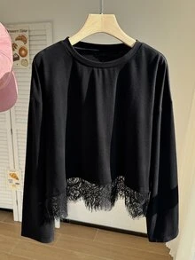 Comfortcana T-shirt en dentelle contrastée unie grande taille, noir, décontracté élégant, pour l'automne, formel, matin, anniversaire - Noir - Voir 3