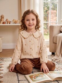 SHEIN Genkimix Kids 1 st flickblus i pastoral stil, Peter Pan-krage med spetskant, lönnlövsmönstrat broderi, knäppt långärmad skjorta för vardags- och fotolook, vår och höst - Aprikos - Visa 1