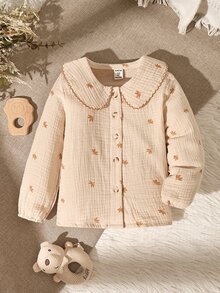 SHEIN Genkimix Kids 1 st flickblus i pastoral stil, Peter Pan-krage med spetskant, lönnlövsmönstrat broderi, knäppt långärmad skjorta för vardags- och fotolook, vår och höst - Aprikos - Visa 2