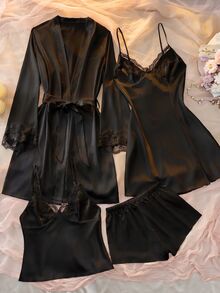 DelicateAllure 四件套睡衣：刺绣滚边V领仿丝吊带裙、吊带背心、短裤和系带睡袍，秋冬服装 - 黑色 - 查看 1