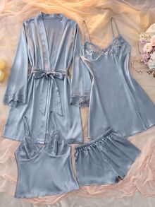 DelicateAllure 四件套：刺绣V领仿丝吊带睡裙、吊带上衣、短裤和睡袍，秋冬服装 - 霧霾藍 - 查看 1