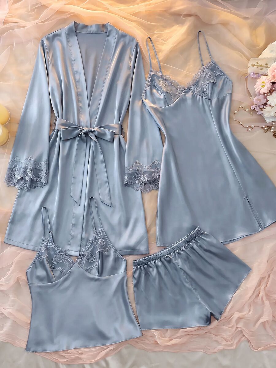 DelicateAllure 四件套:刺绣V领仿丝吊带睡裙、吊带上衣、短裤和睡袍,秋冬服装 - 霧霾藍 - 查看 1