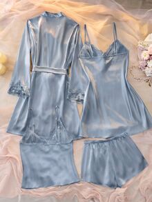 DelicateAllure 四件套：刺绣V领仿丝吊带睡裙、吊带上衣、短裤和睡袍，秋冬服装 - 霧霾藍 - 查看 2