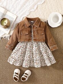 SHEIN Vintaside Kids Baby Girl Ditsy Floral Camisole Dress & Denim Jacket Set Autumn Fall - Brown - View 1