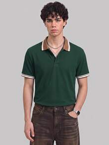 NORVETH Men Striped Trim Polo Shirt, Couple Things - Dark Green - View 5