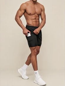 OTTIMOZO 男友風男士純色雙層抽繩運動短褲，附口袋，休閒日常穿著，健身運動黑色 - 黑色 - 查看 3