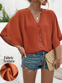 EMERY ROSE Plus Size Women's Elegant Solid Color Jacquard V-Neck Drop Shoulder Button Decor Beach Vacation 2025 Spring/Summer New Blouse - Orange - View 1