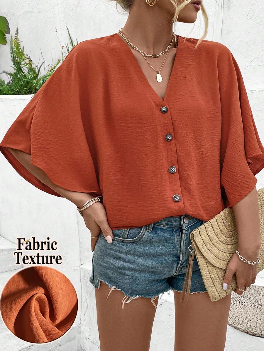 EMERY ROSE Plus Size Women's Elegant Solid Color Jacquard V-Neck Drop Shoulder Button Decor Beach Vacation 2025 Spring/Summer New Blouse - Orange - View 1