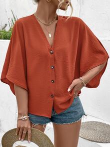 EMERY ROSE Plus Size Women's Elegant Solid Color Jacquard V-Neck Drop Shoulder Button Decor Beach Vacation 2025 Spring/Summer New Blouse - Orange - View 6