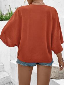 EMERY ROSE Plus Size Women's Elegant Solid Color Jacquard V-Neck Drop Shoulder Button Decor Beach Vacation 2025 Spring/Summer New Blouse - Orange - View 2