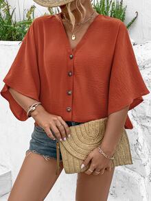EMERY ROSE Plus Size Women's Elegant Solid Color Jacquard V-Neck Drop Shoulder Button Decor Beach Vacation 2025 Spring/Summer New Blouse - Orange - View 5