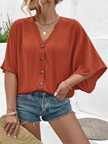 EMERY ROSE Plus Size Women's Elegant Solid Color Jacquard V-Neck Drop Shoulder Button Decor Beach Vacation 2025 Spring/Summer New Blouse - Orange - View 3
