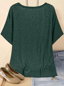 Plus Size V-Neck Short Sleeve Simple Casual Top - Dark Green - View 2