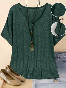 Plus Size V-Neck Short Sleeve Simple Casual Top - Dark Green - View 1