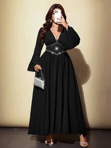 Vibekara French Style Deep V-Neck Black Dress, High Waist Rhinestone Embellished Cinched Waist, Flared Long Sleeves, Draped Slimming Long Dress Fall - Black - View 7