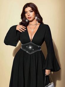 Vibekara French Style Deep V-Neck Black Dress, High Waist Rhinestone Embellished Cinched Waist, Flared Long Sleeves, Draped Slimming Long Dress Fall - Black - View 6