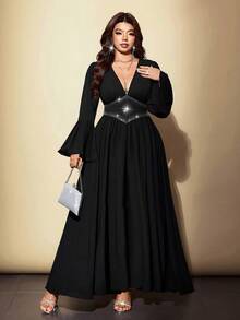 Vibekara French Style Deep V-Neck Black Dress, High Waist Rhinestone Embellished Cinched Waist, Flared Long Sleeves, Draped Slimming Long Dress Fall - Black - View 5