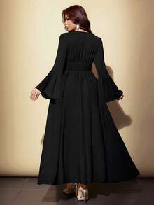 Vibekara French Style Deep V-Neck Black Dress, High Waist Rhinestone Embellished Cinched Waist, Flared Long Sleeves, Draped Slimming Long Dress Fall - Black - View 2
