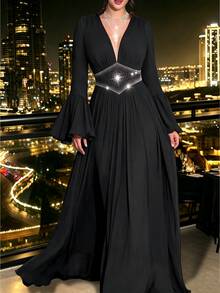 Vibekara French Style Deep V-Neck Black Dress, High Waist Rhinestone Embellished Cinched Waist, Flared Long Sleeves, Draped Slimming Long Dress Fall - Black - View 3